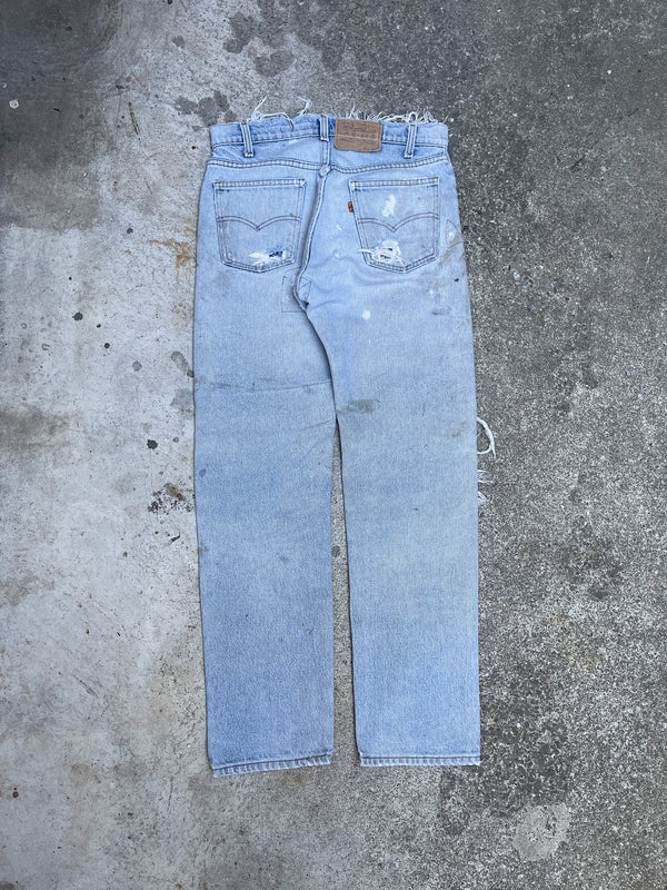 1980s Orange Tab Levi’s Repaired Faded Dirty Blue Talon Zip Denim (31X29)