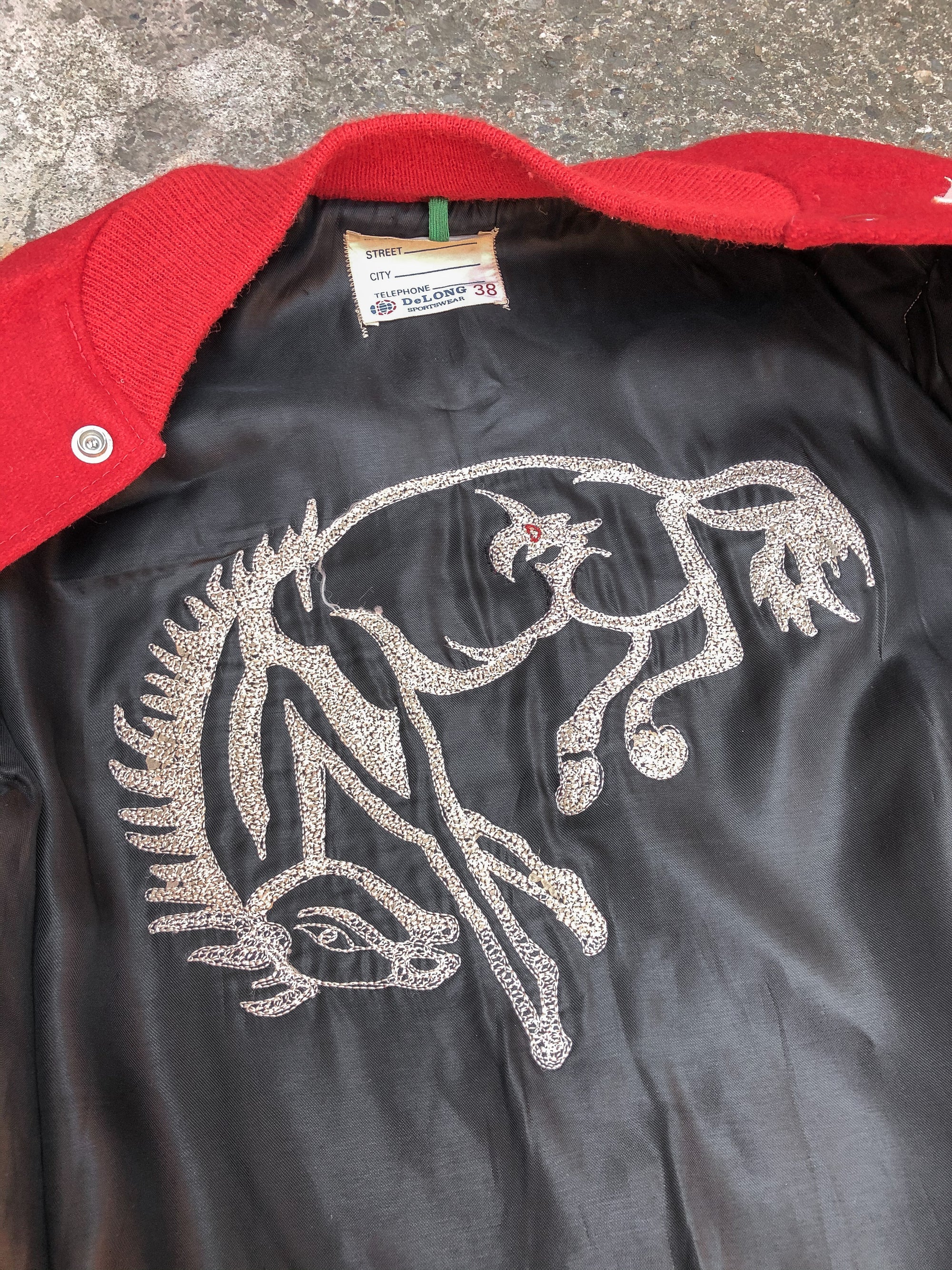 1980s Faded Red “Bronco” Chain Stitched Varsity Letterman Jacket