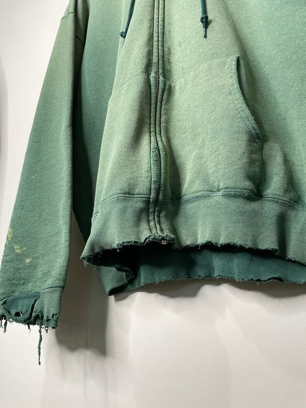 1990s Distressed Sun Faded Green Zip Up Hoodie (L)