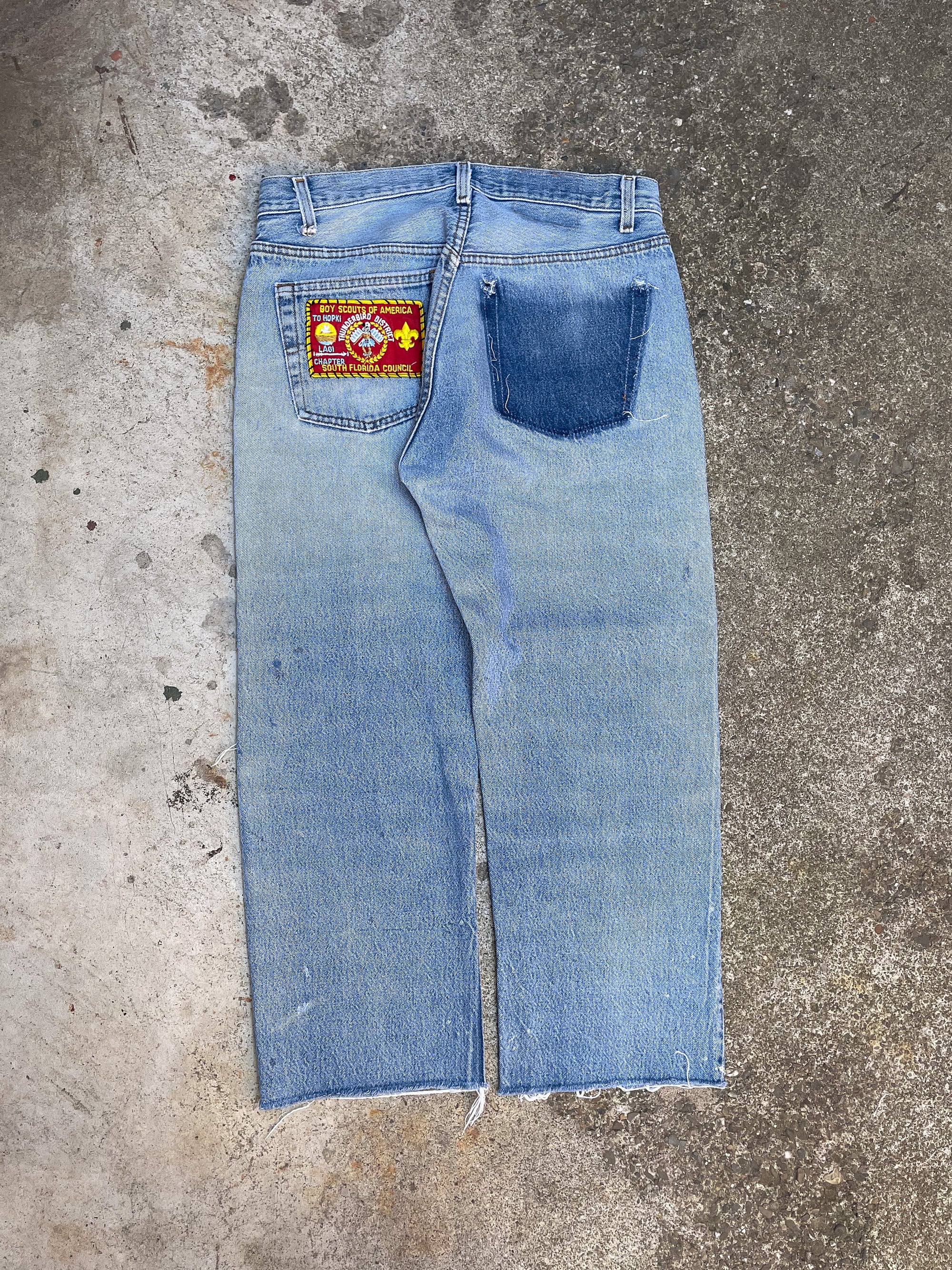 1980s Levi’s “Do Your Thing” Patched Faded Blue 501 Raw Hem (29X23)