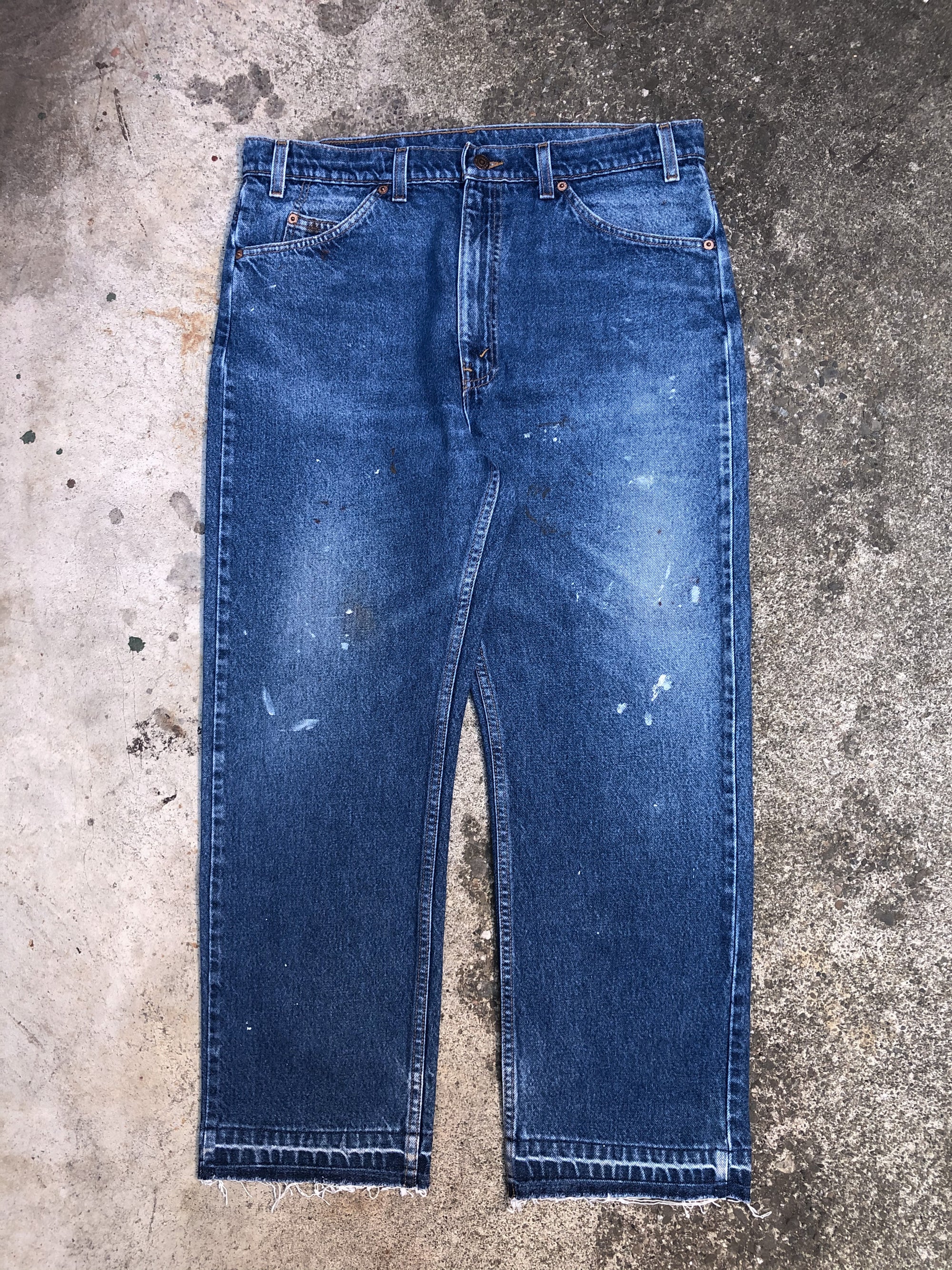 1990s Orange Tab Levis Painted Blue 505 Released Hem (36X27)