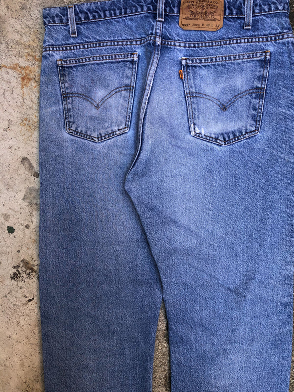 1990s Orange Tab Levis Distressed Blue 505 Raw Hem (36X28)