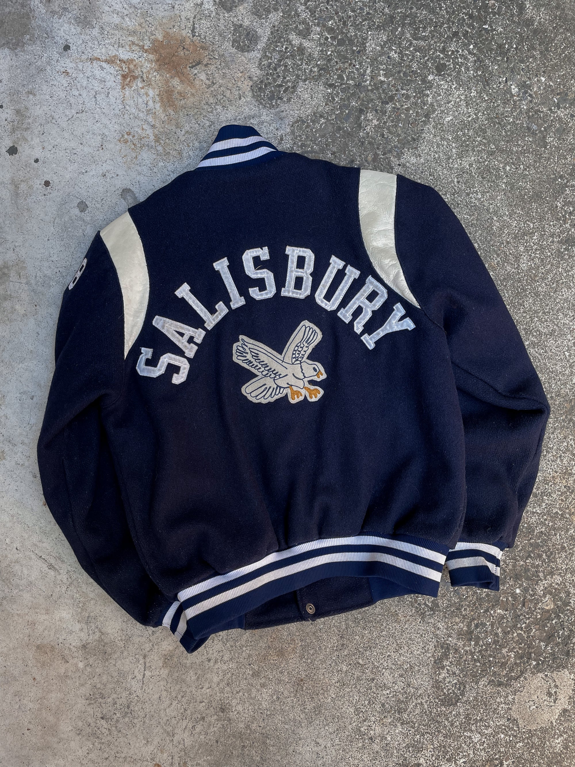 1980s Navy “Salisbury” Chain Stitched Wool Varsity Jacket