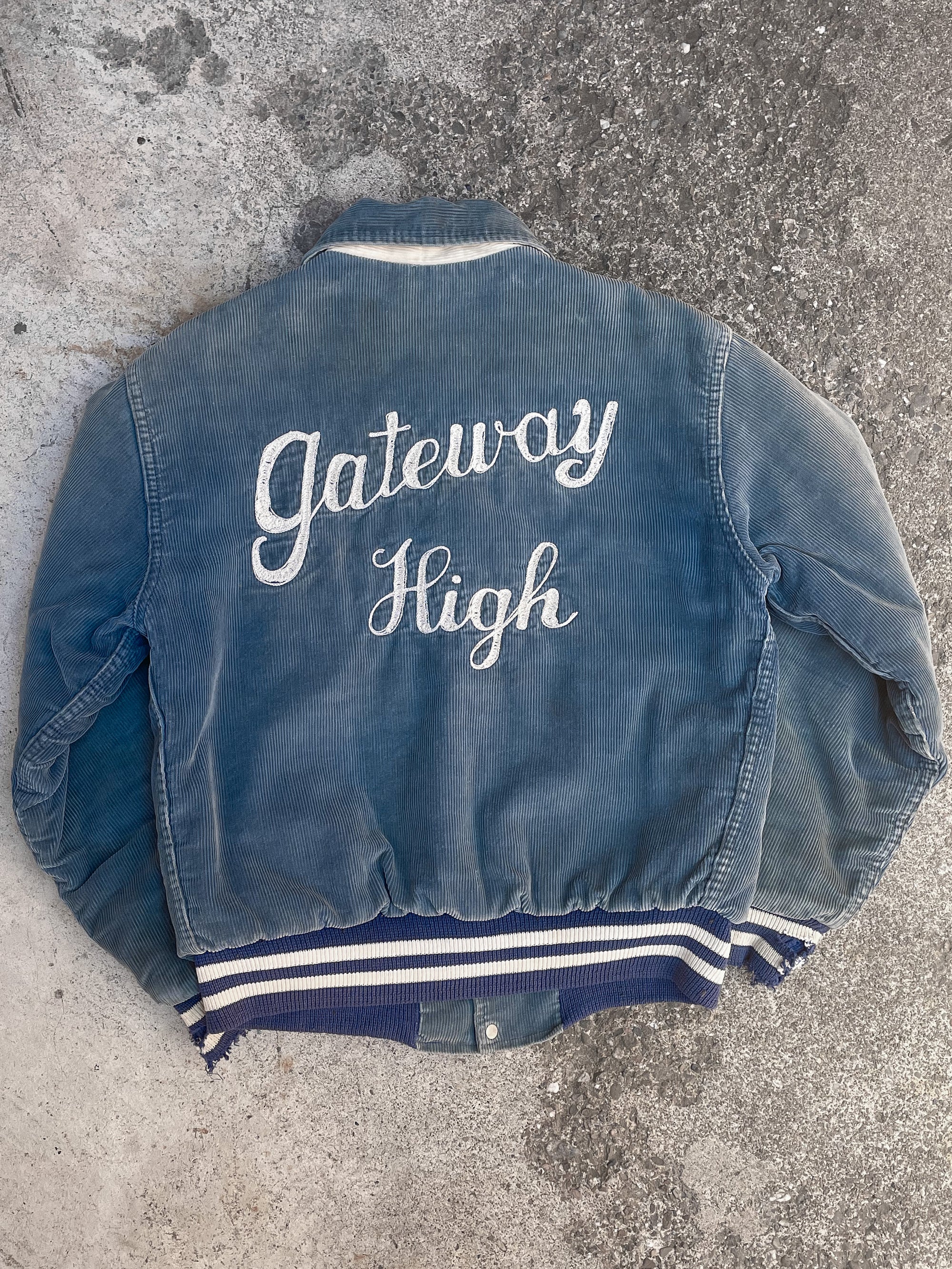 1970s “Gateway High” Sun Faded Corduroy Chain Stitched Varsity Jacket