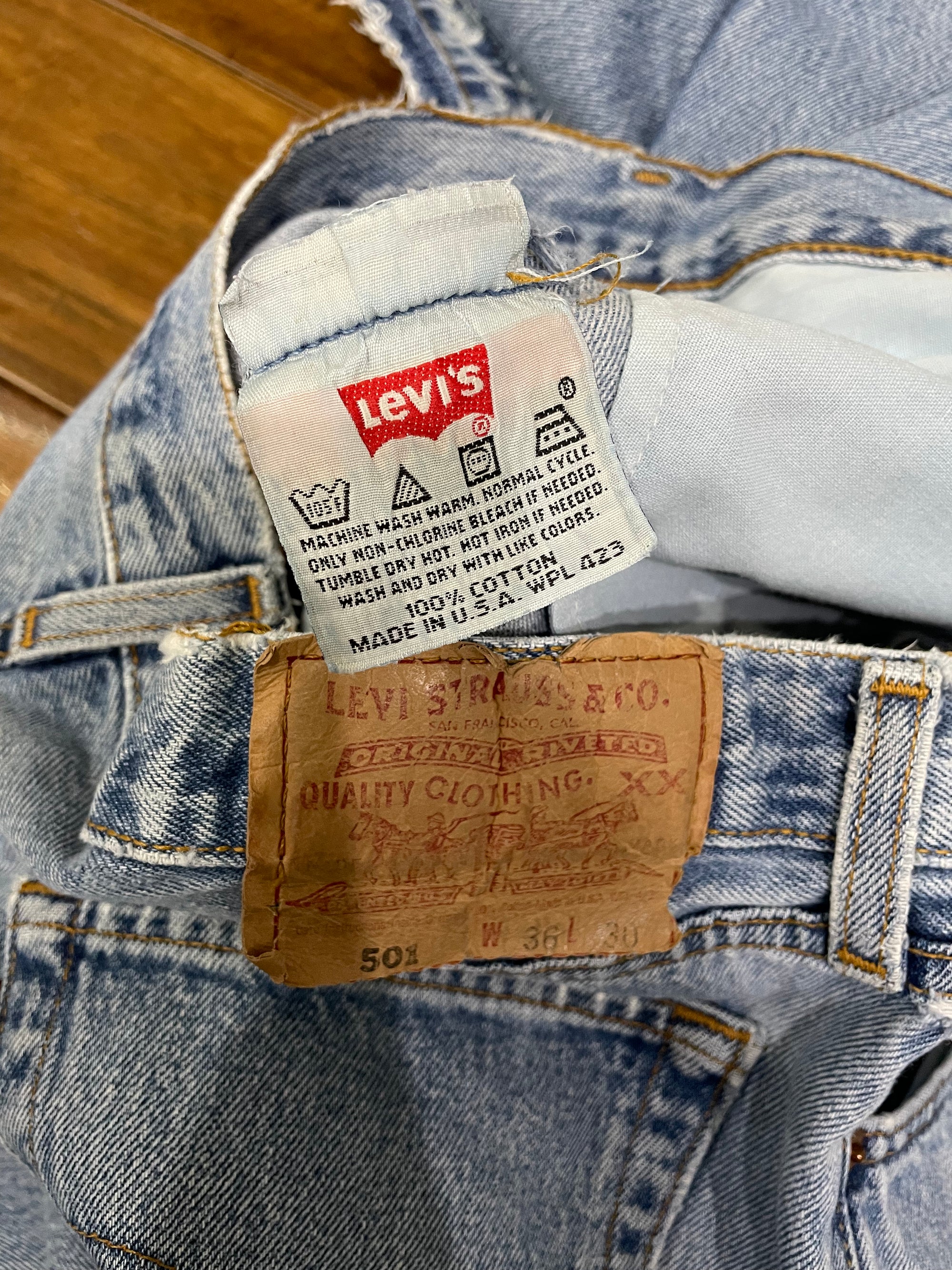 1990s Levi’s Repaired Faded Blue 501 Released Hem (34X30)