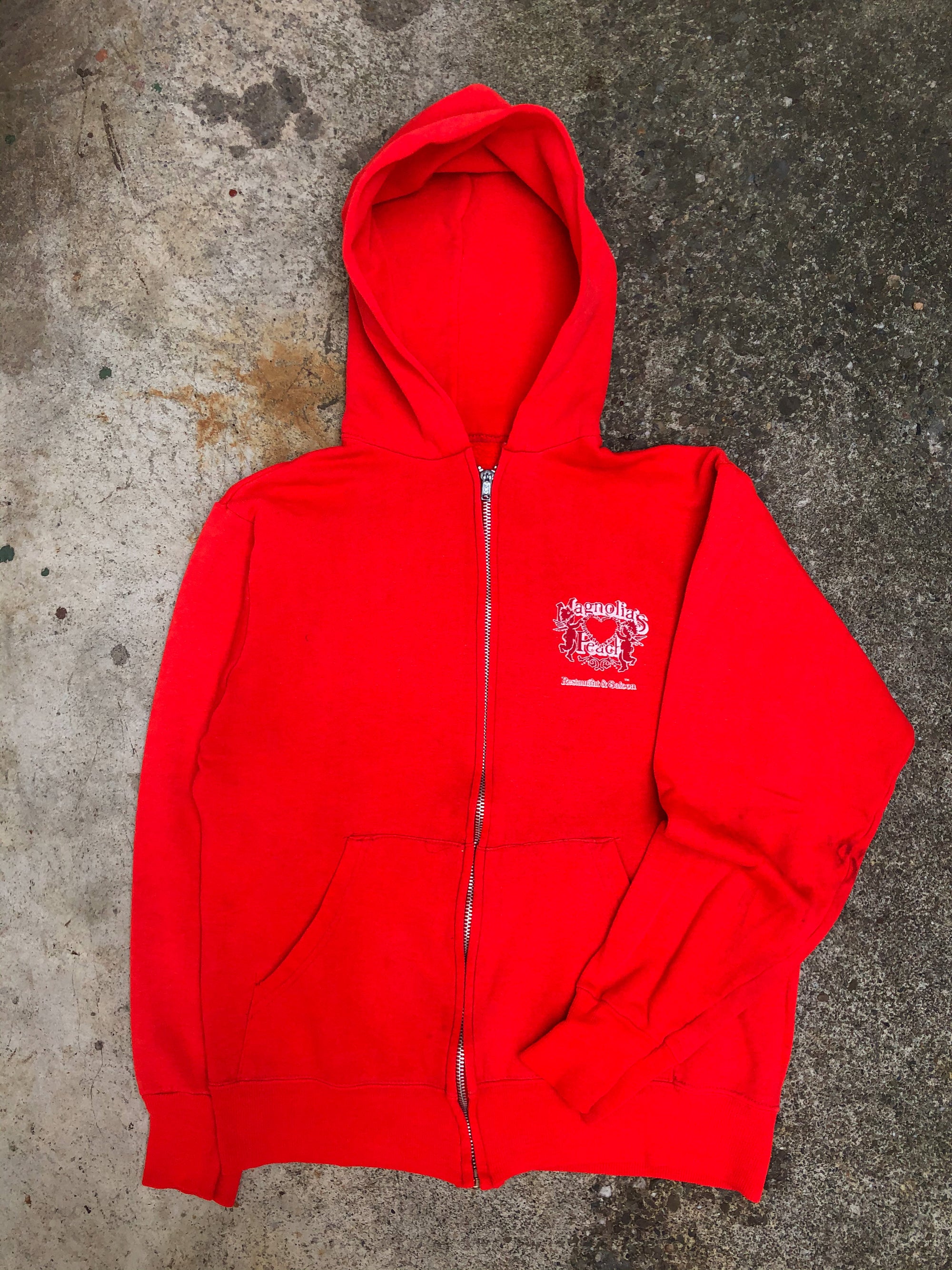 1980s Cherry Red “Magnolia’s Peach” Zip Up Hoodie