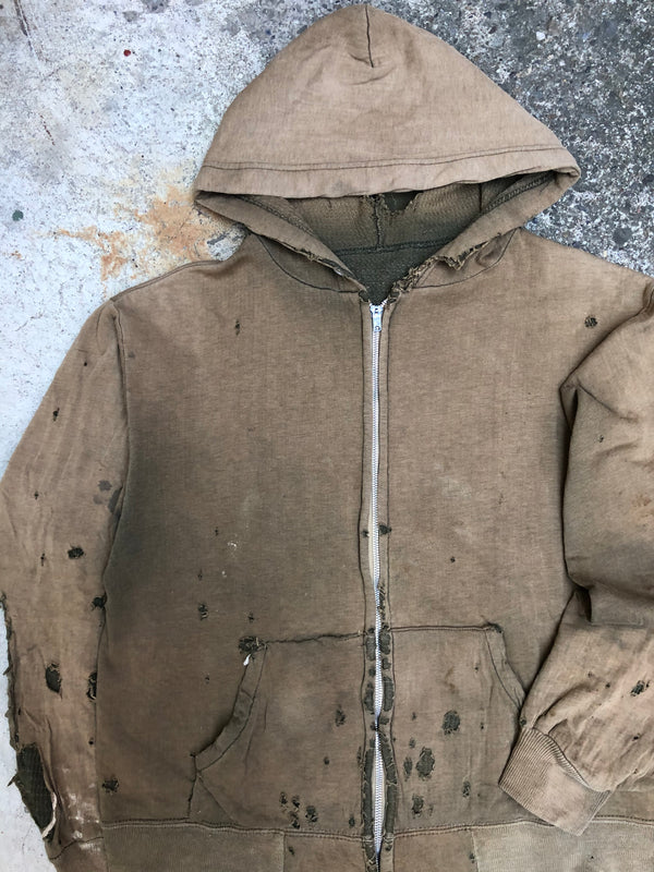 1950s/1960s Thrashed Sun Burnt Olive Thermal Zip Up Hoodie