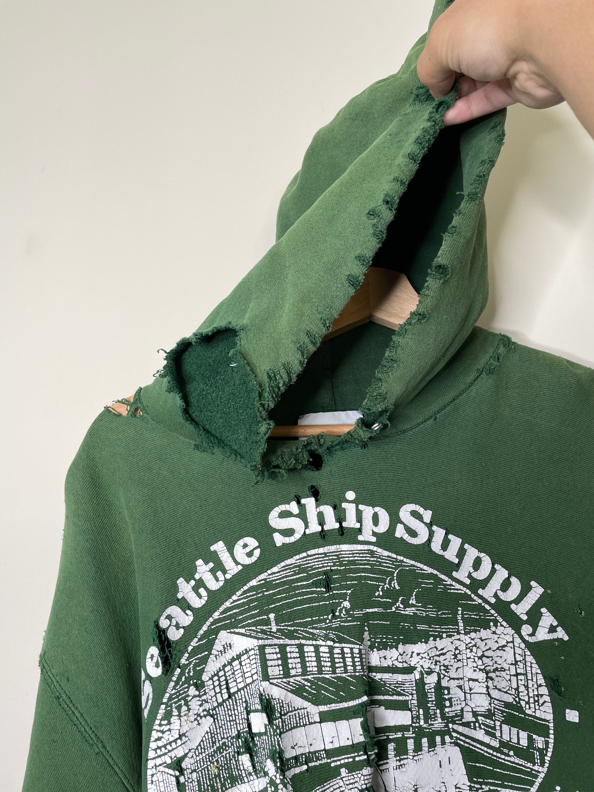 1990s Lee “Seattle Ship Supply” Thrashed Green Cut-Off Weave Hoodie