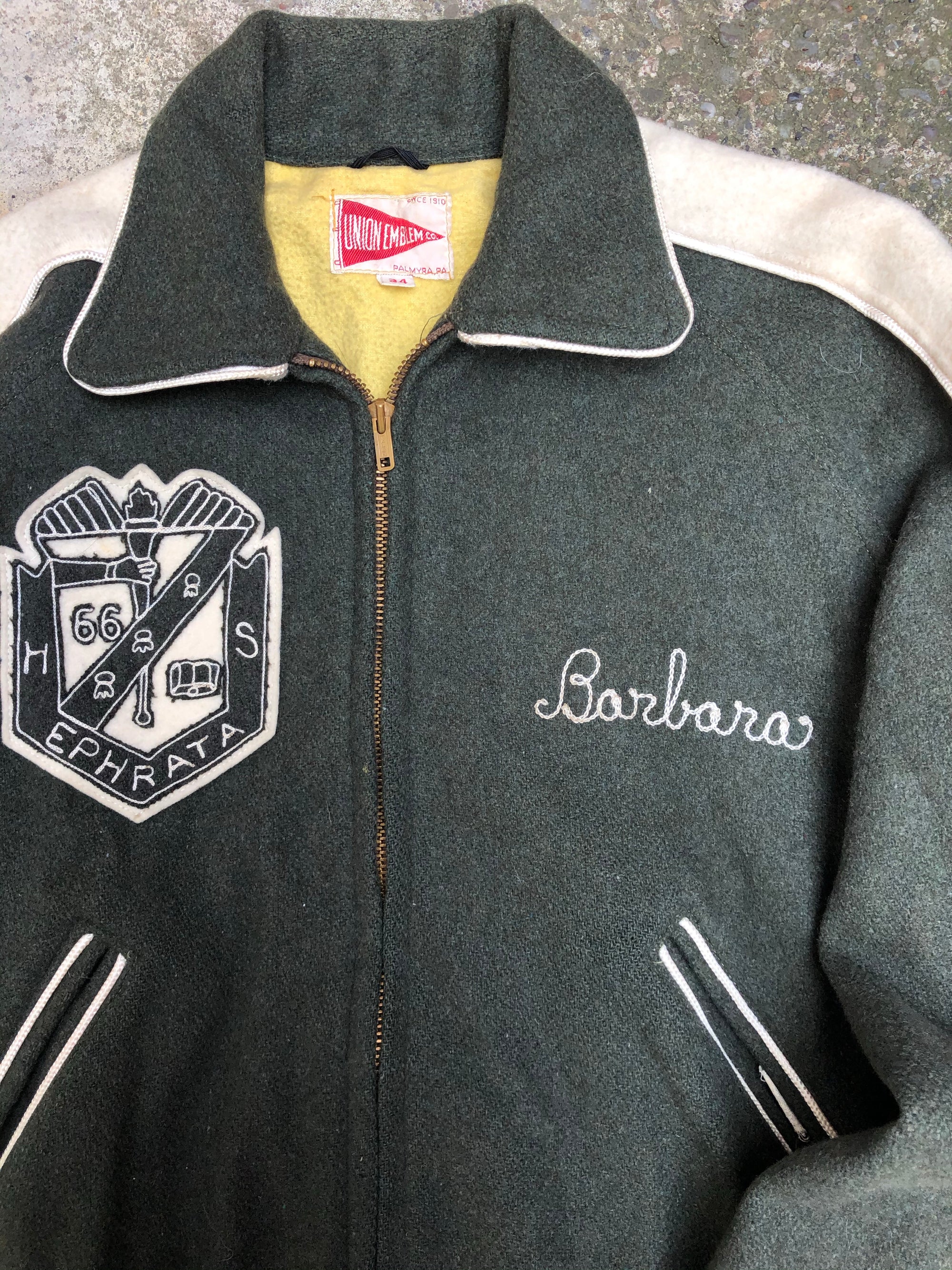 1960s Faded Olive Chain Stitch “Ephrata” Varsity Jacket