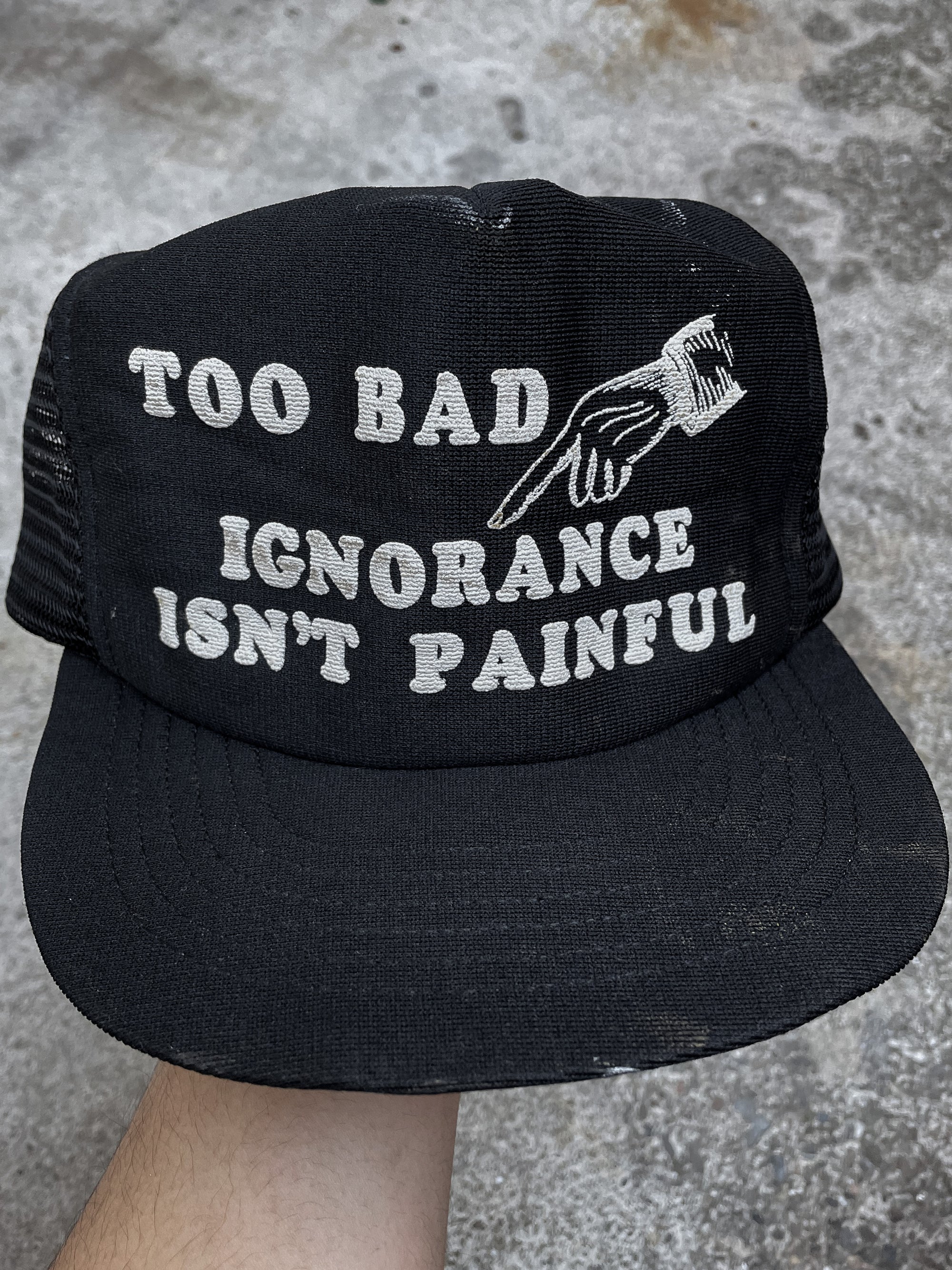 1980s “Ignorance Isn’t Painful” Painted Trucker Hat