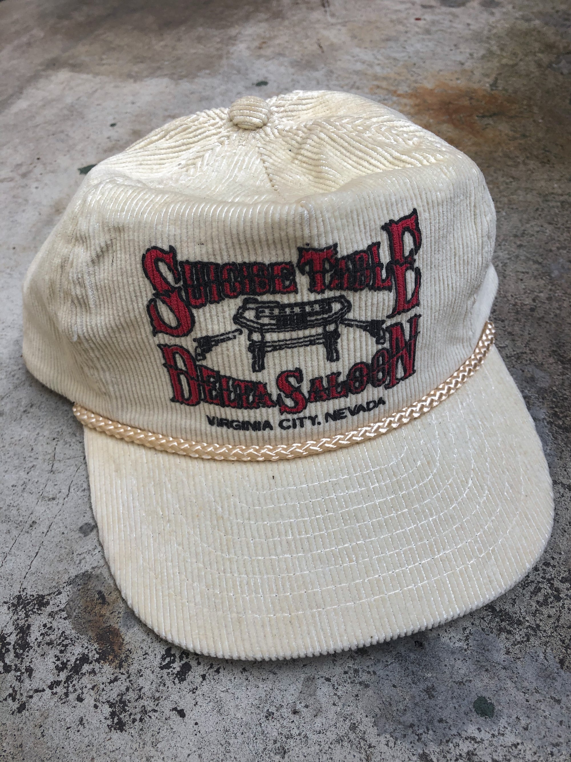 1990s Cream Corduroy “Suicide Table Saloon” Trucker Hat