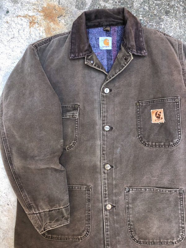 1990s Carhartt Faded Chocolate Brown Lined Chore Jacket (M)