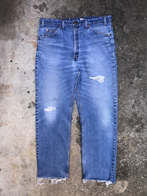 1990s Orange Tab Levis Distressed Blue 505 Raw Hem (36X28)