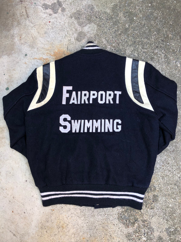 1970s Midnight Navy Chain Stitch “Fairport Swimming” Varsity Jacket