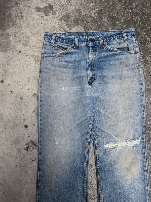 1980s Orange Tab Levis Distressed Blue 517 Talon Zip (34X27)