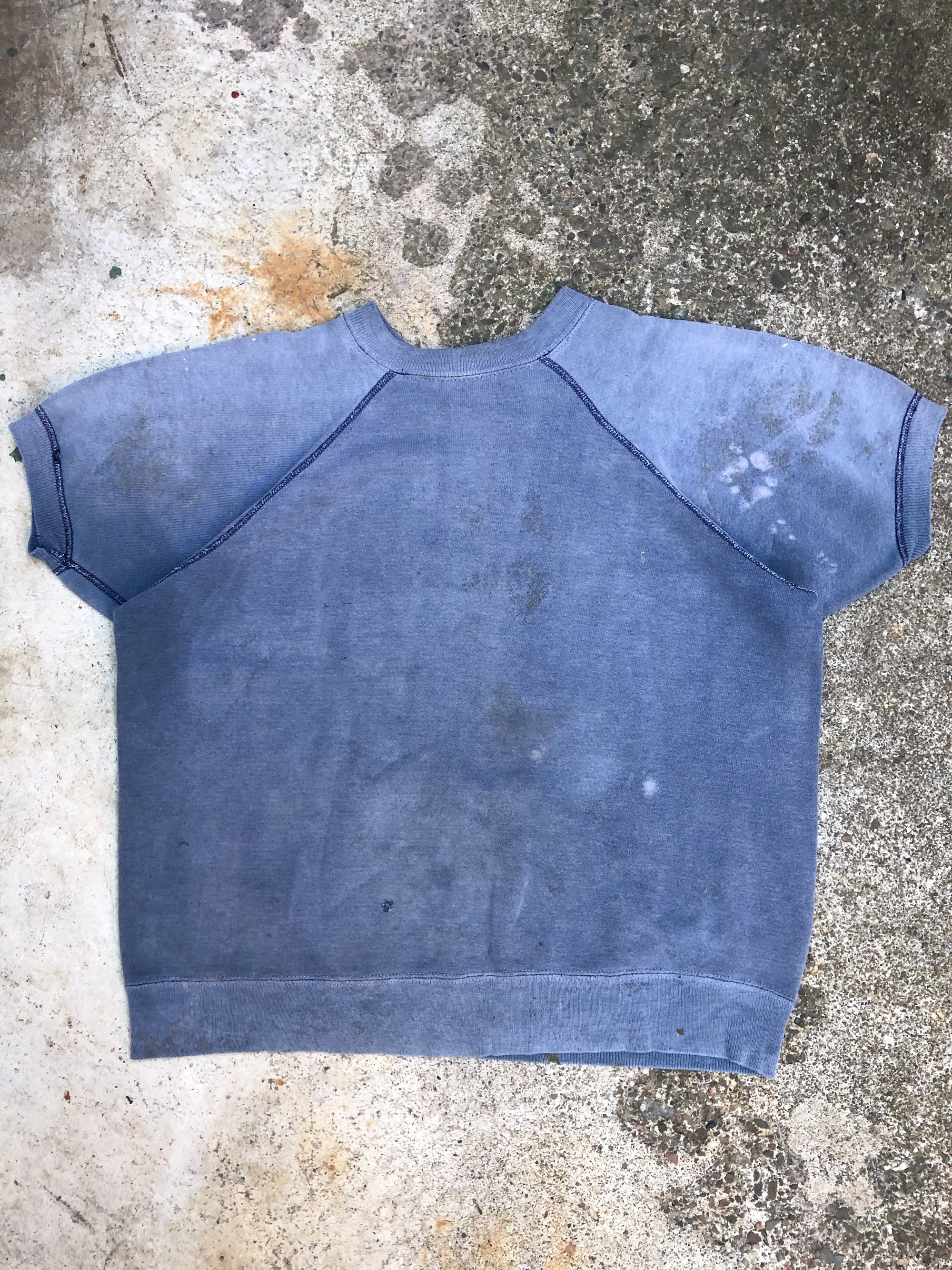 1960s Sun Faded Painted Blue Blank Raglan Short Sleeve Sweatshirt