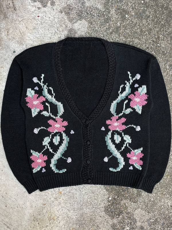 1990s Black Floral Knit Cardigan (M)