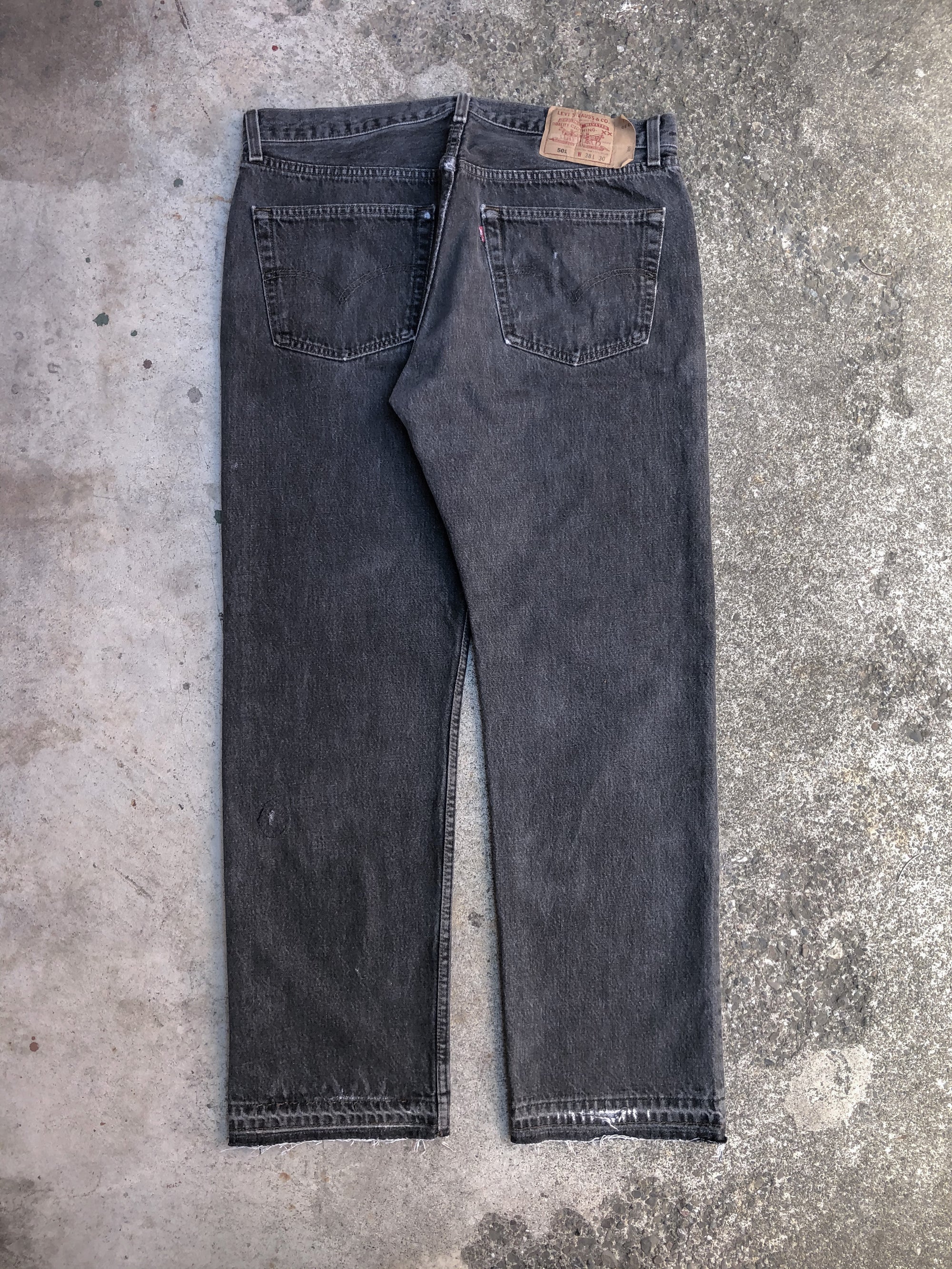 1990s Levis Repaired Dark Grey 501 Released Hem (36X30)