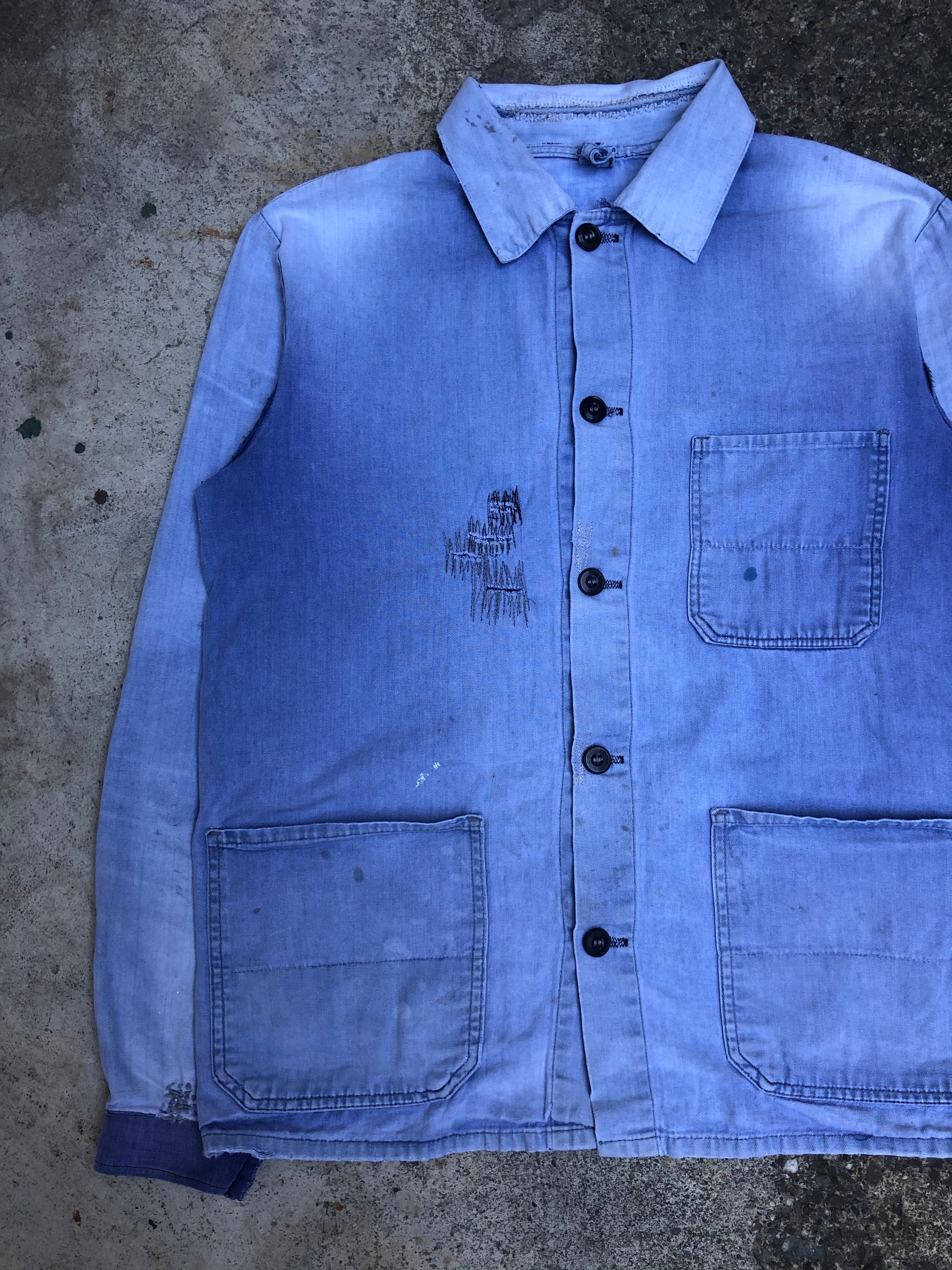 1960s Sun Faded Blue Repaired French Chore Jacket