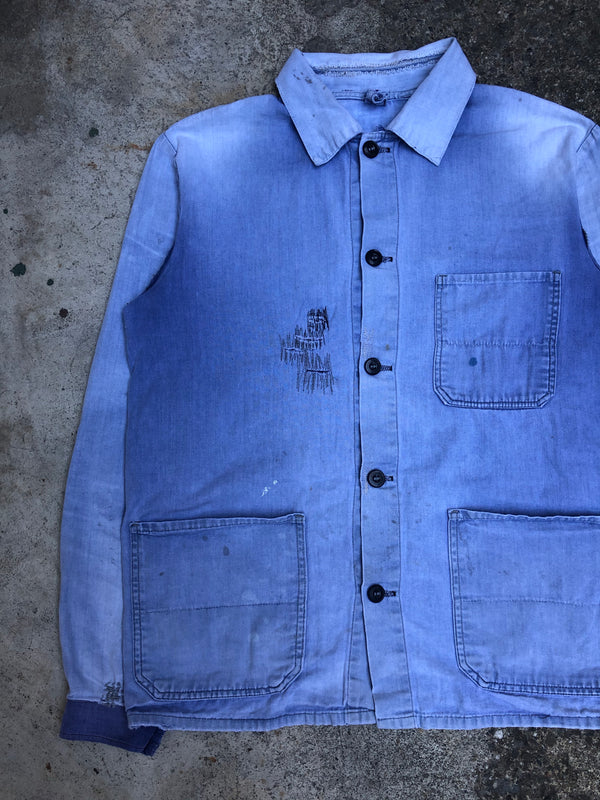 1960s Sun Faded Blue Repaired French Chore Jacket