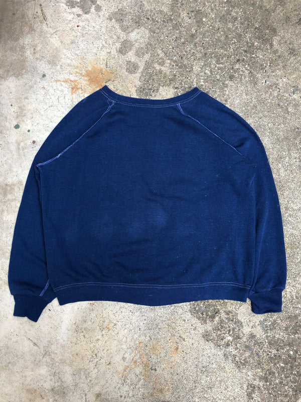 1970s Faded Blue Contrast Stitch Blank Raglan Sweatshirt