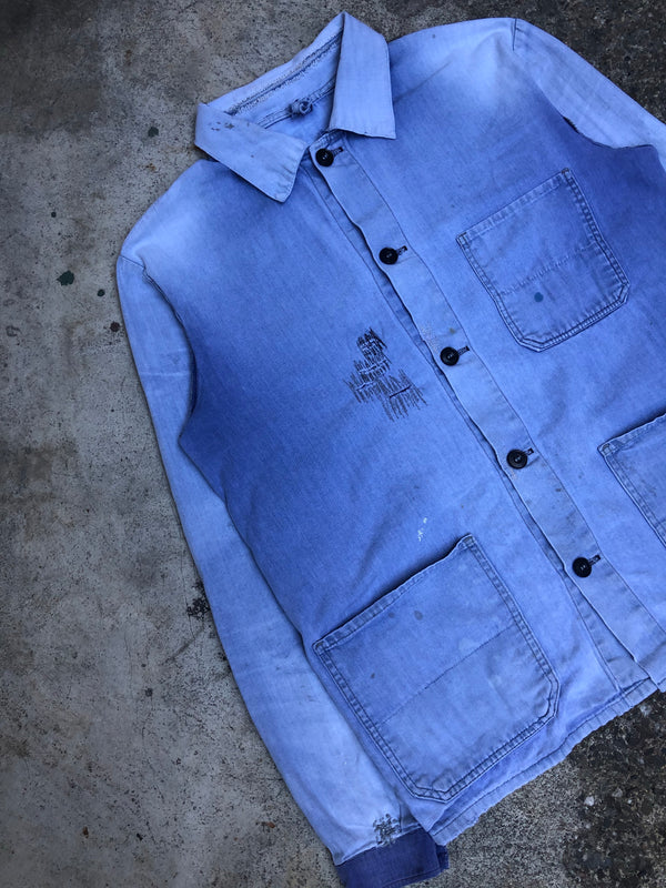 1960s Sun Faded Blue Repaired French Chore Jacket