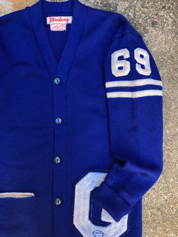 1960s Royal Blue Wool Knit Varsity Letterman Cardigan (S/M)