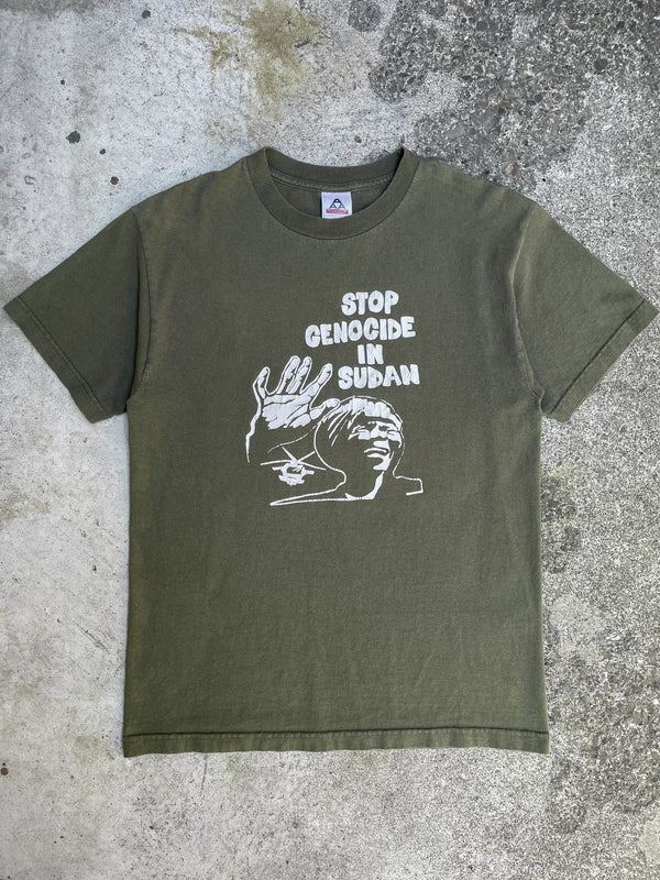 Vintage Faded Olive Green “Stop Genocide in Sudan” Tee