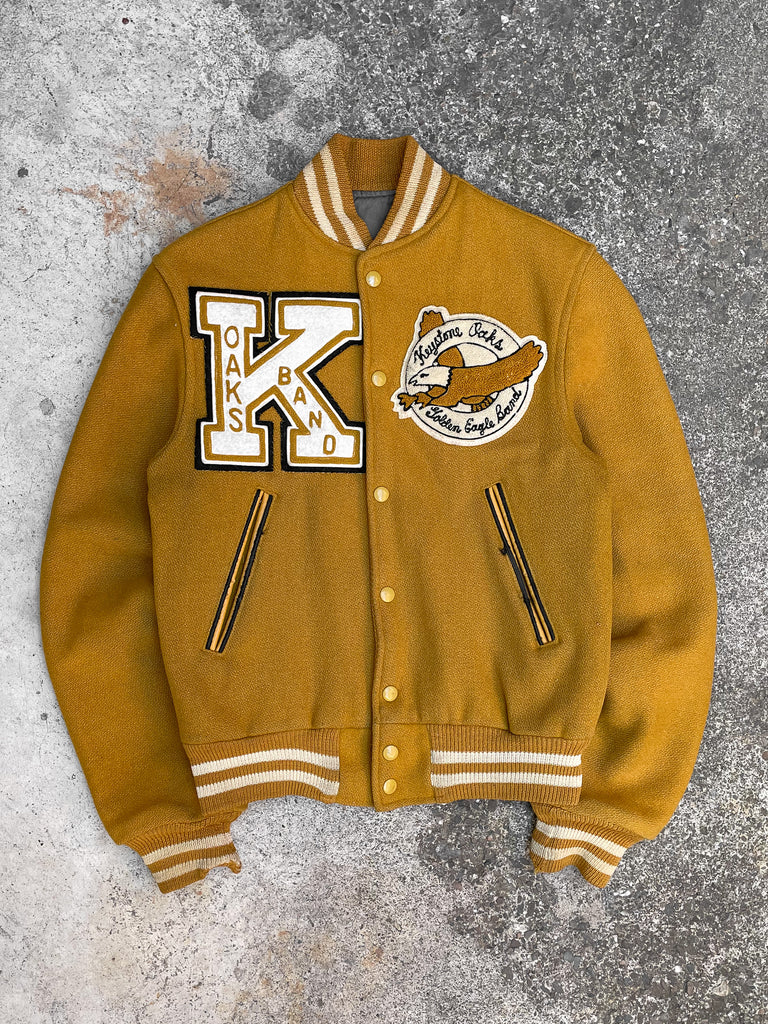 1960s “Keystone Oaks” Faded Mustard Varsity Jacket DAMAGED GLITTER