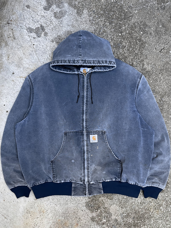 1990s Carhartt Sun Faded Blue Hooded Work Jacket (XXL)