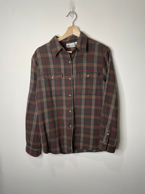 2000s Faded Olive Plaid Flannel Shirt (S/M)