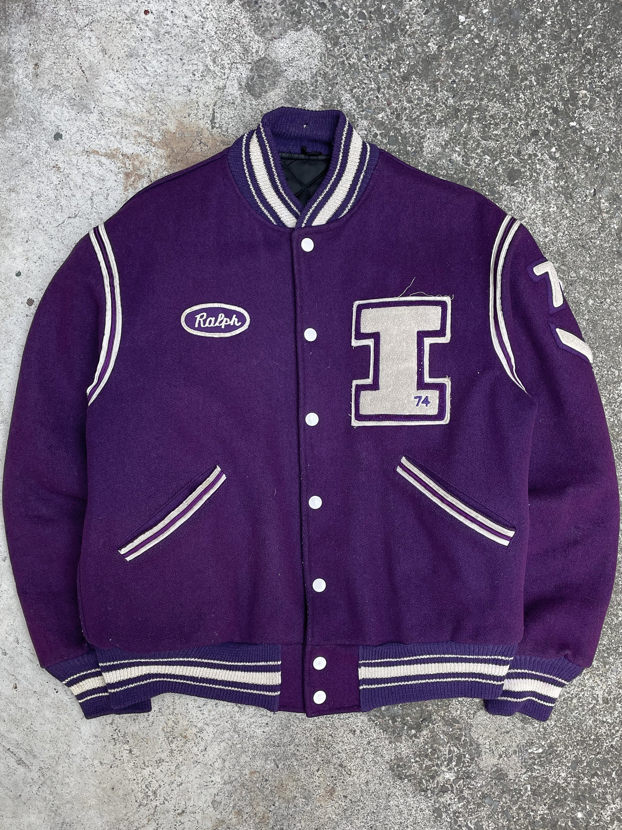 1970s “Ithaca” Chain Stitched Purple Varsity Jacket