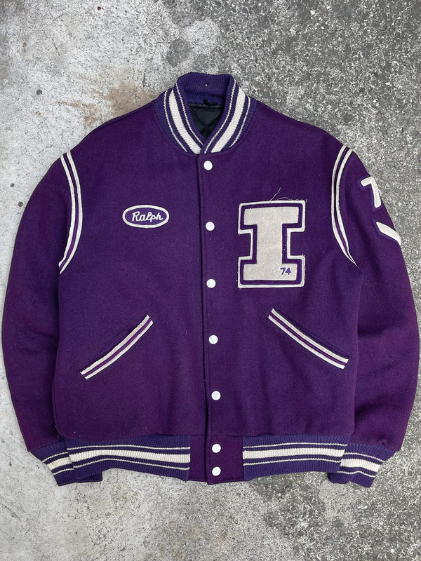 1970s “Ithaca” Chain Stitched Purple Varsity Jacket