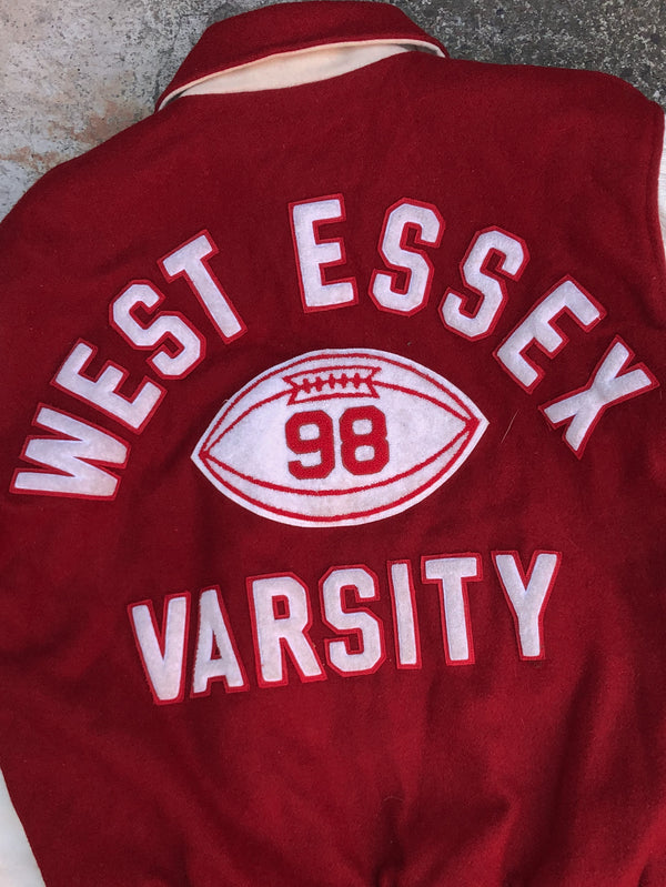 1990s Faded Red Chain Stitch “West Essex” Varsity Letterman Jacket