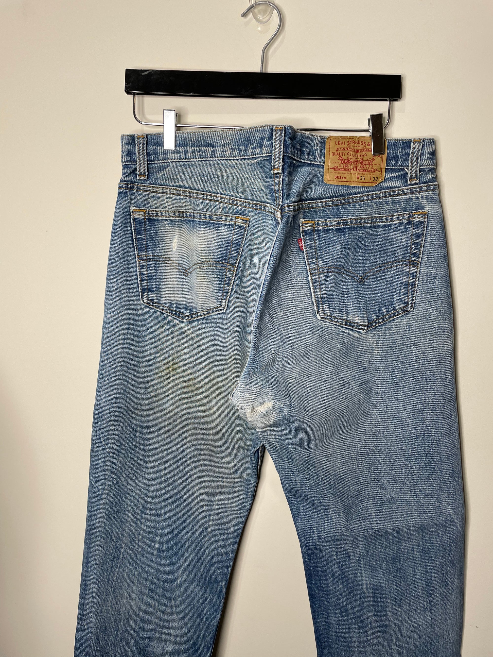 1990s Levi’s Repaired Faded Blue 501xx Released Hem (33X27)