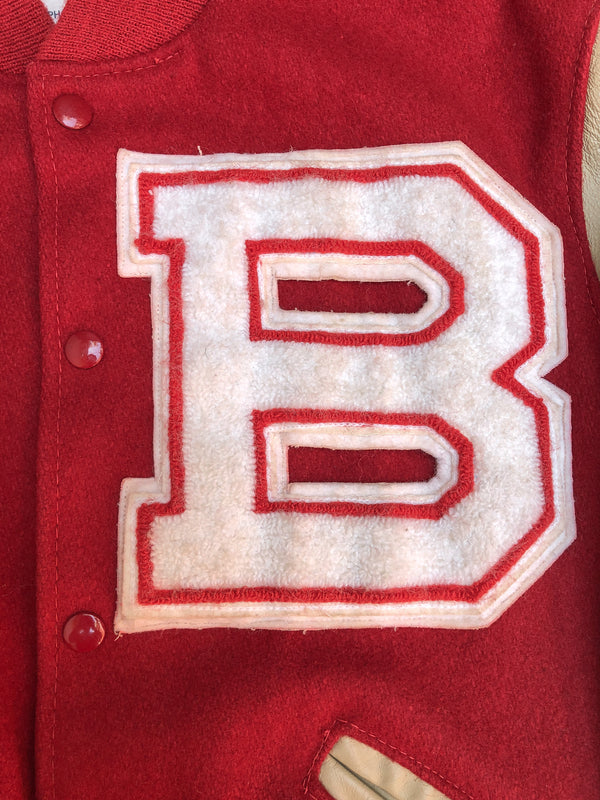 1980s Faded Red “Bronco” Chain Stitched Varsity Letterman Jacket