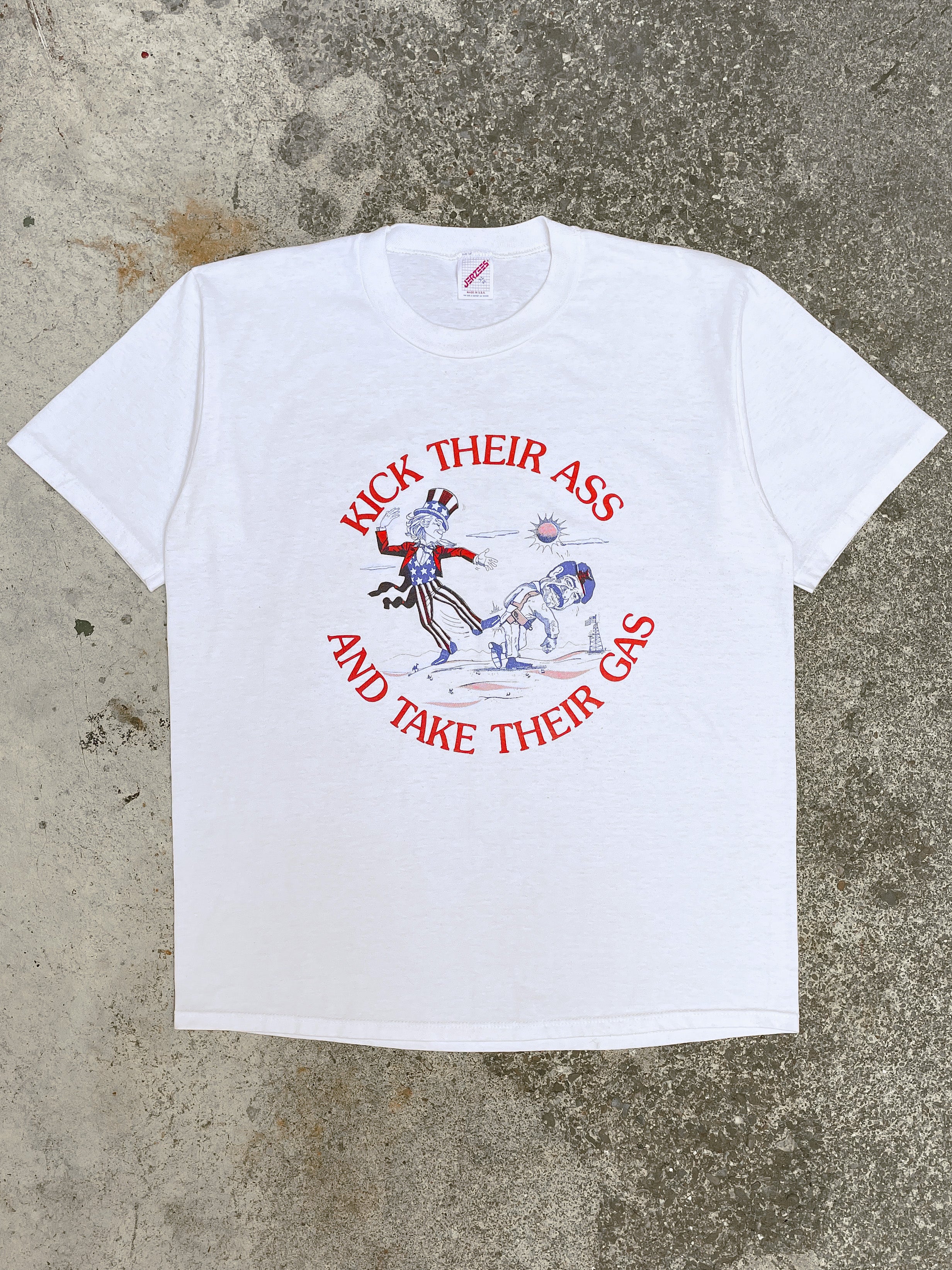 1980s/90s “Kick Their Ass And Take Their Gas” Tee (L) – DAMAGED