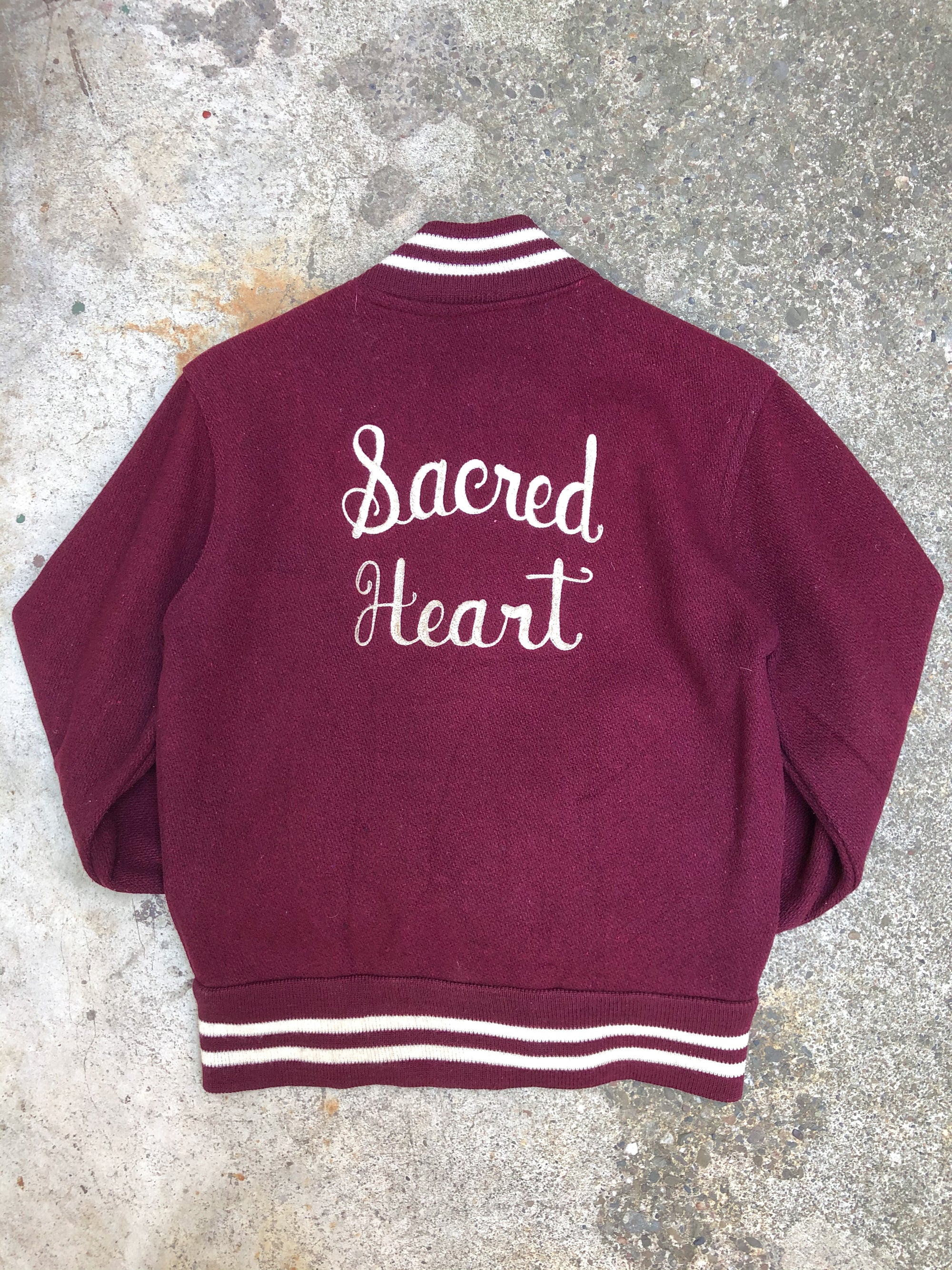 1980s Maroon Chain Stitch “Sacred Heart” Varsity Jacket (XS/S)