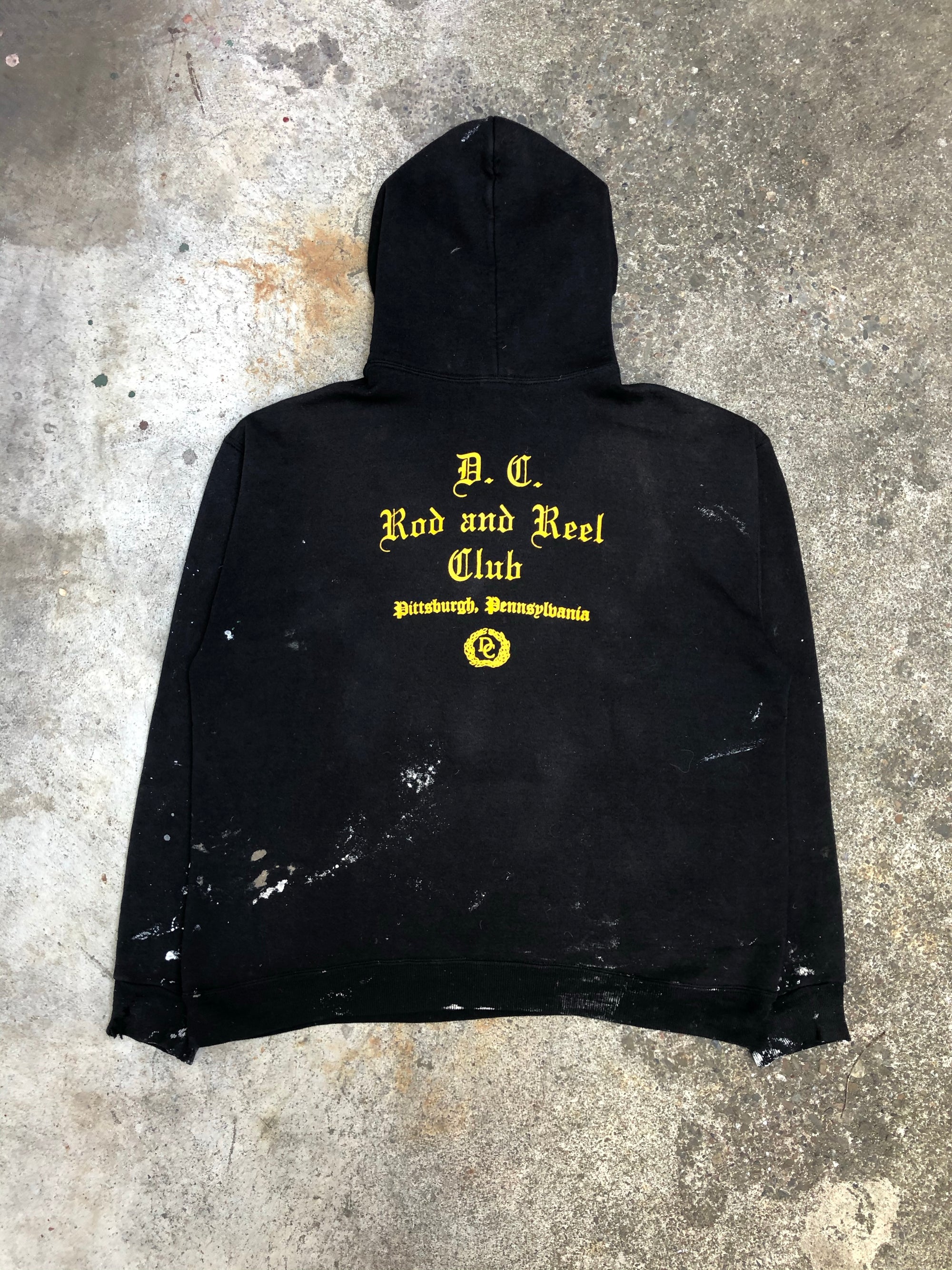 1980s Russell Faded Black Painted “Rod and Reel Club” Hoodie