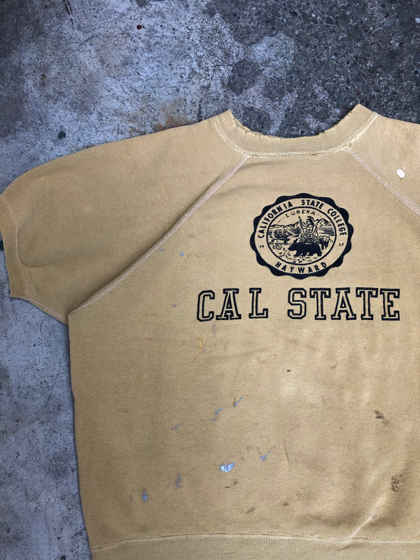 1960s Faded Painted Yellow “Cal State Hayward” Short Sleeve Raglan Sweatshirt