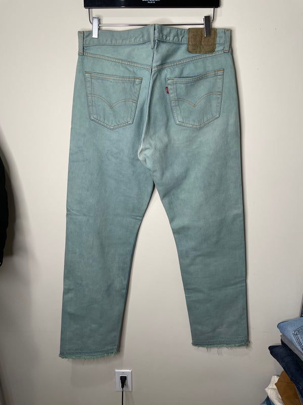 1990s Levi’s Faded Green Blue Overdye 501 Released Hem (34X31)