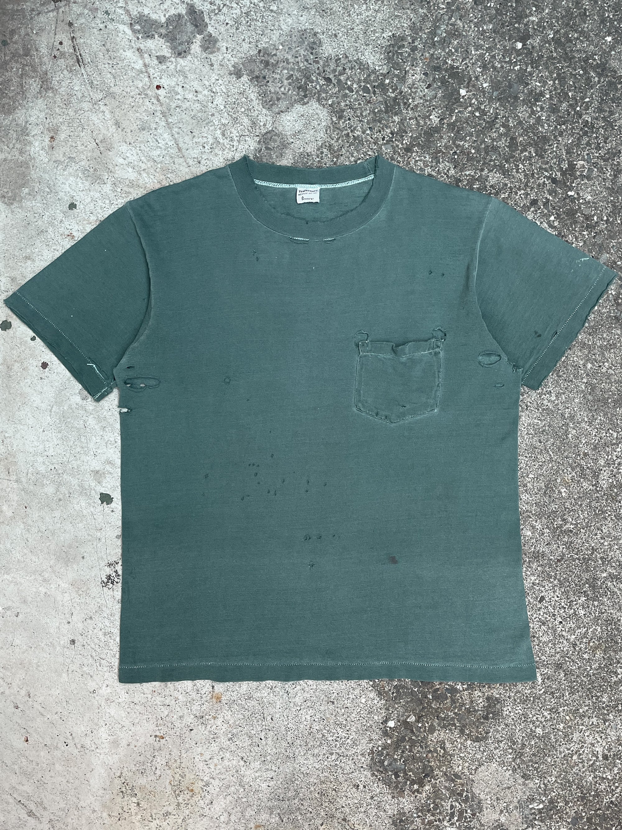 1960s Thrashed Faded Green Single Stitched Pocket Tee (M)