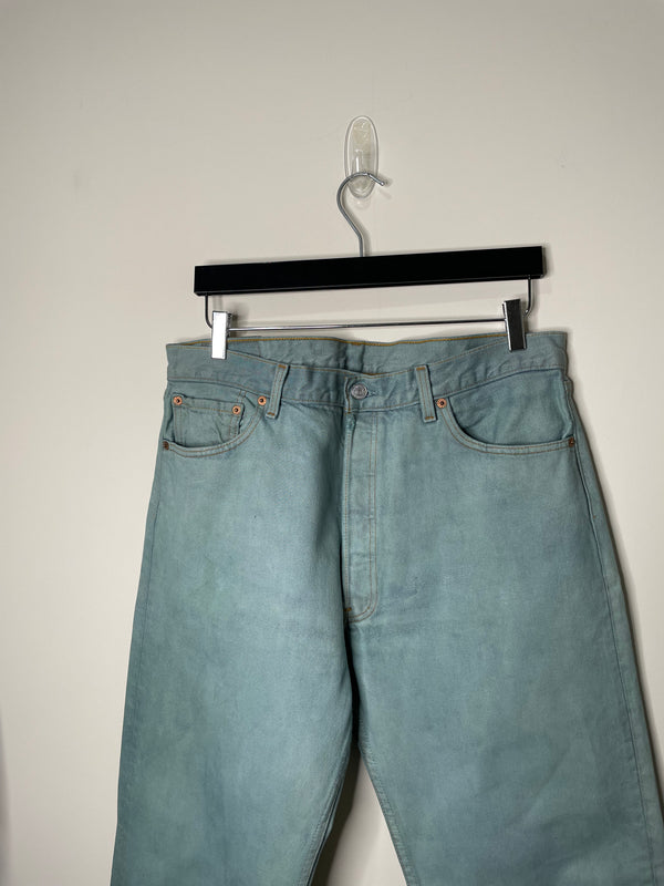 1990s Levi’s Faded Green Blue Overdye 501 Released Hem (34X31)