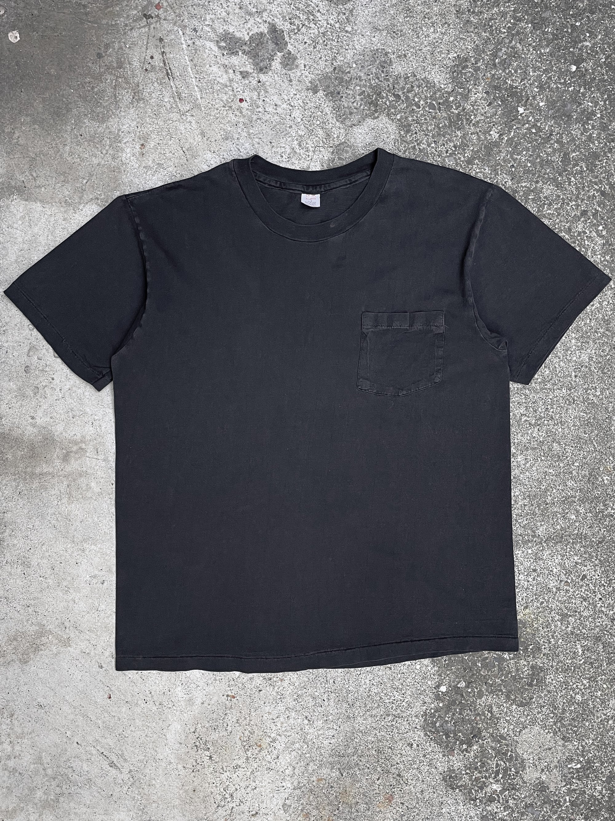 1990s Faded Black Blank Single Stitched Pocket Tee (M)