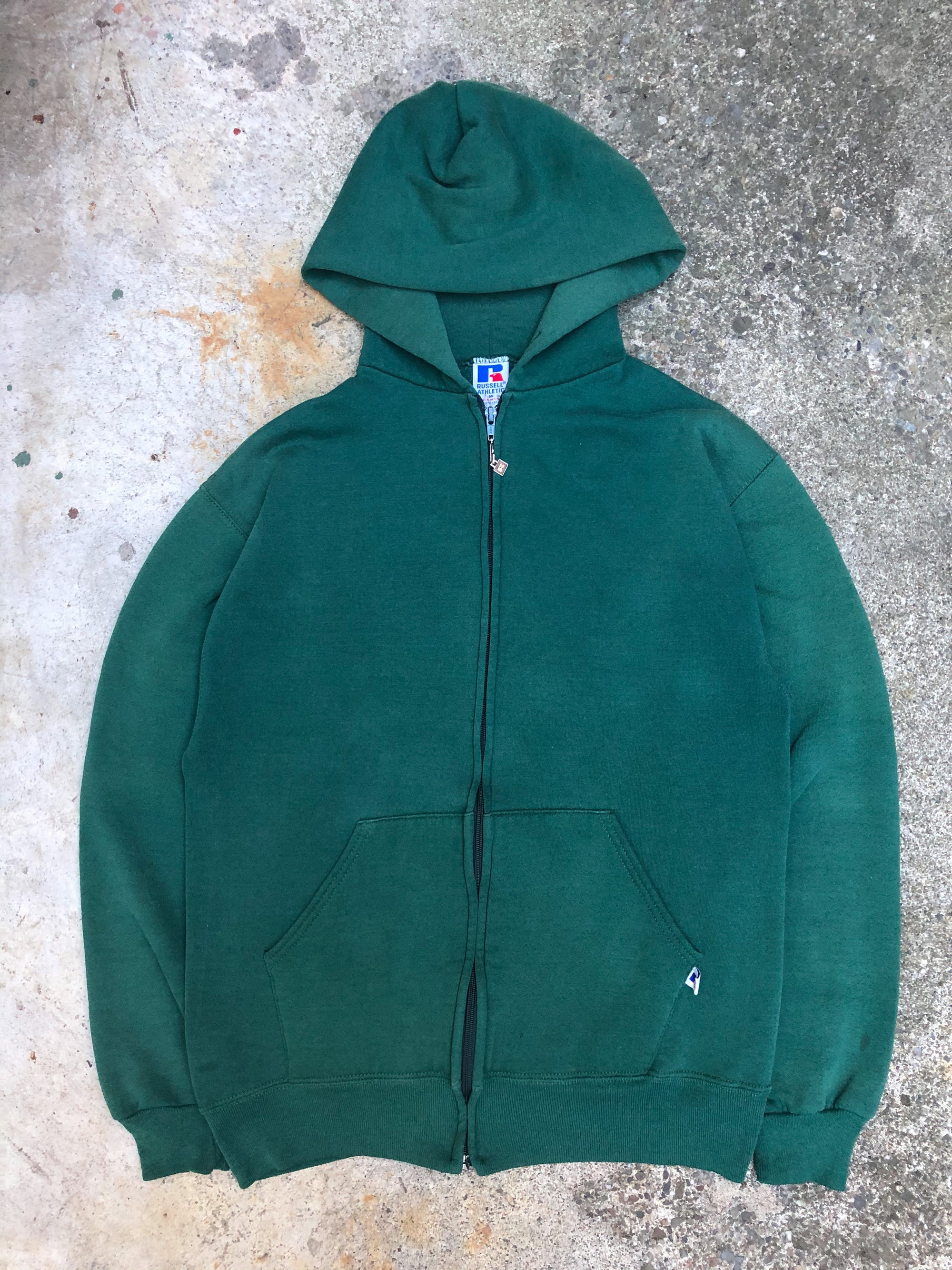 1990s Russell Faded Green Blank Zip Up Hoodie