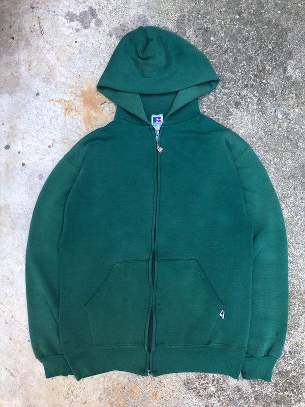 1990s Russell Faded Green Blank Zip Up Hoodie