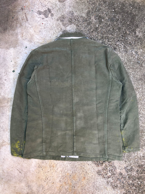1960s Paint Repaired Faded Green Moleskin German Chore Jacket (M)