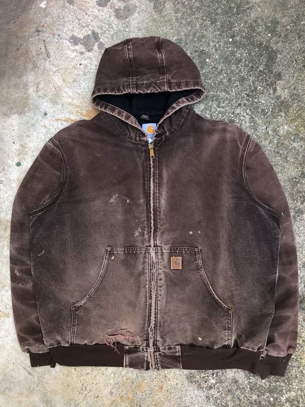 1990s Carhartt Faded Dark Brown Thermal Zip Up Hooded Jacket (XL)