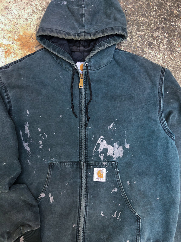 1990s Carhartt Painted Faded Teal Quilted Hooded Jacket (L)