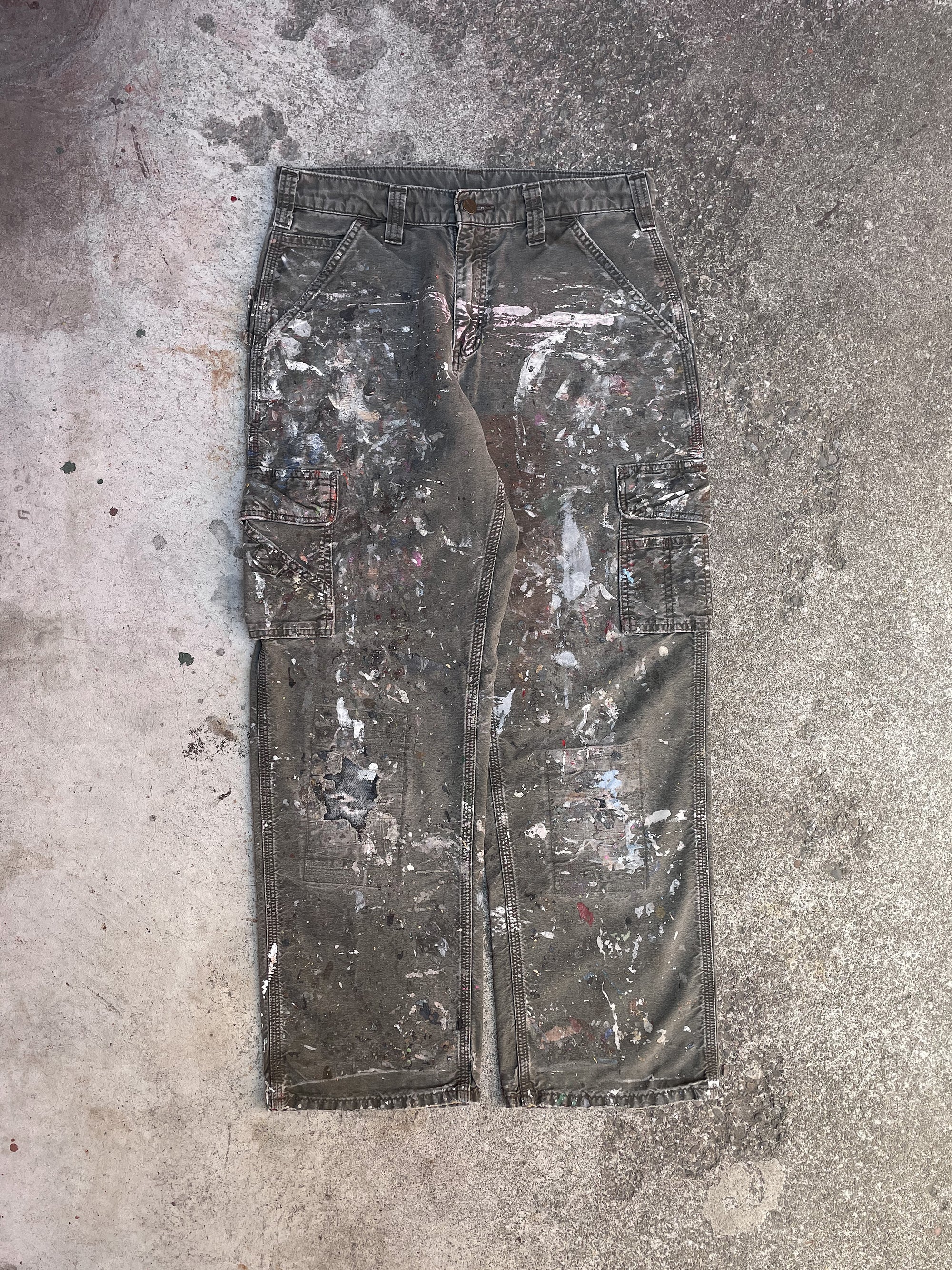 Carhartt B260 Repaired Painted Dark Olive Cargo Work Pants (31X29)